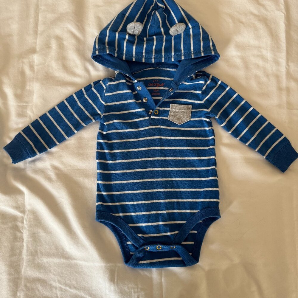 Cat & Jack 3-6 months boys blue & white striped long sleeve hooded onesie